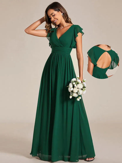 LILYANA™ | Robe de demoiselle d'honneur en mousseline à manches plissées et dos fendu