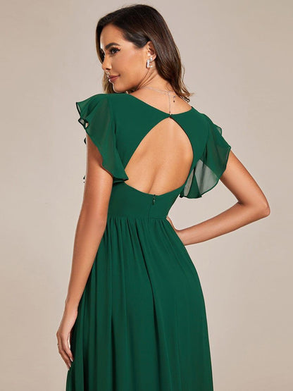 LILYANA™ | Robe de demoiselle d'honneur en mousseline à manches plissées et dos fendu