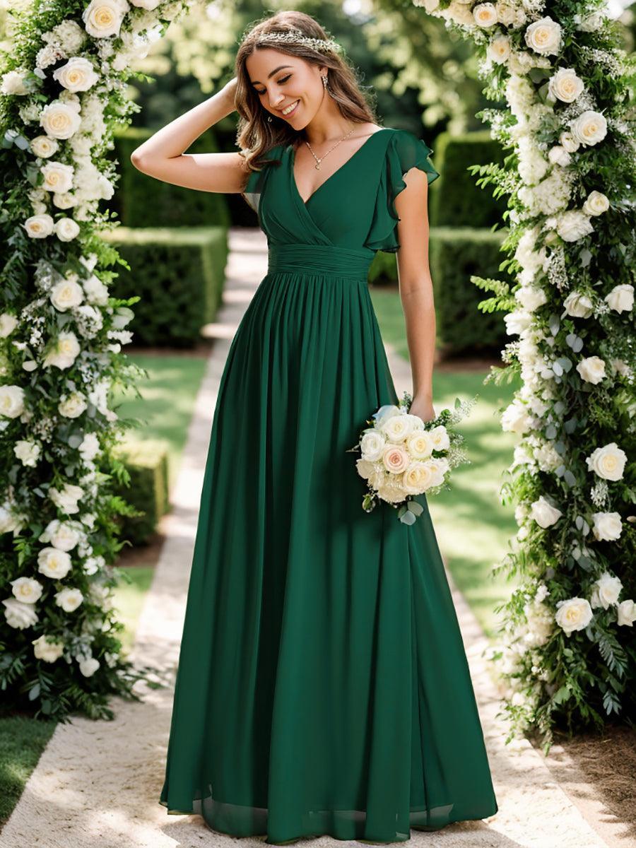 LILYANA™ | Robe de demoiselle d'honneur en mousseline à manches plissées et dos fendu