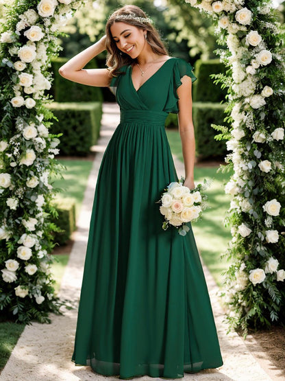 LILYANA™ | Robe de demoiselle d'honneur en mousseline à manches plissées et dos fendu