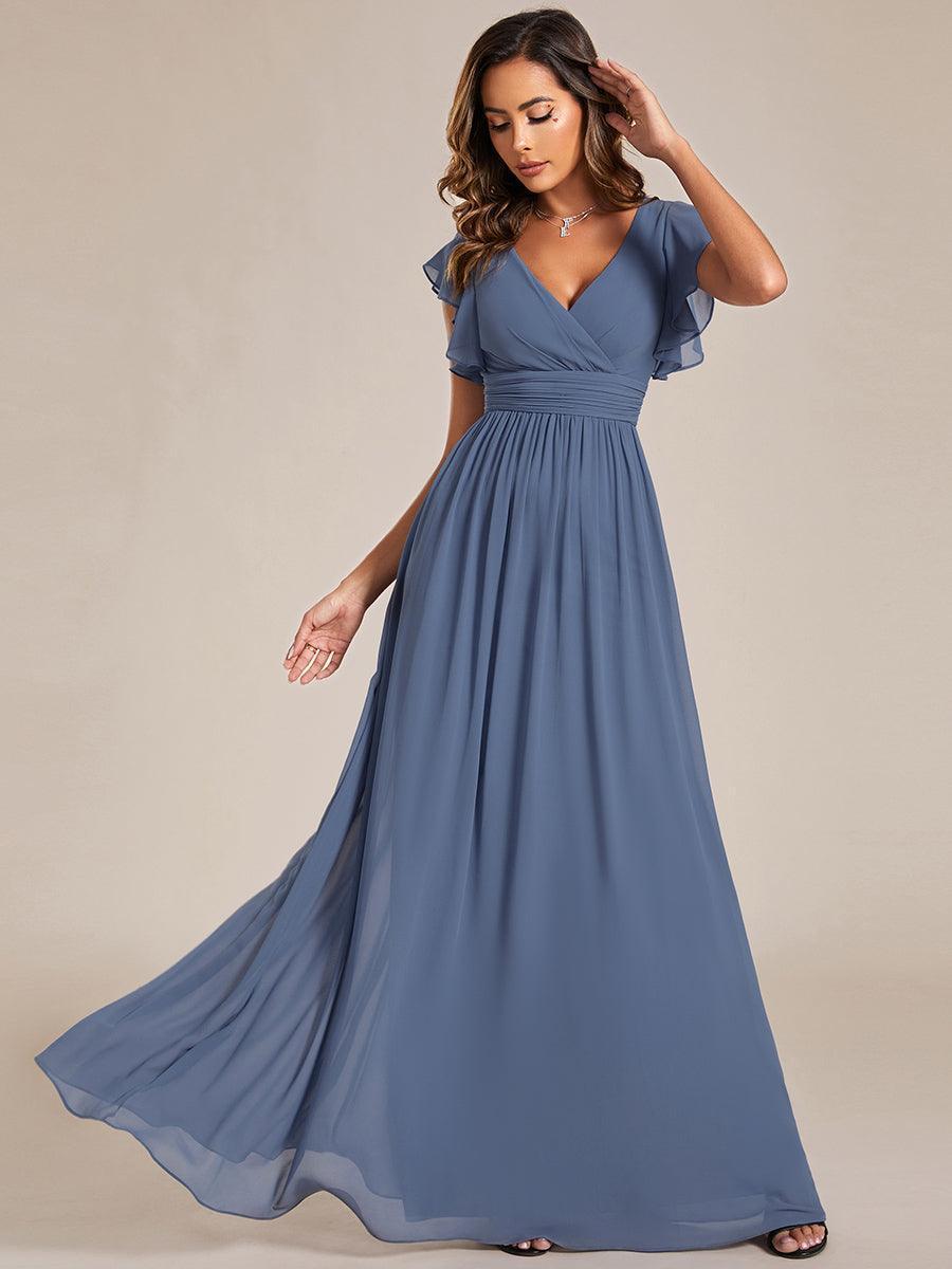 LILYANA™ | Robe de demoiselle d'honneur en mousseline à manches plissées et dos fendu