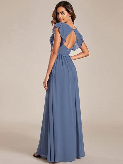 LILYANA™ | Robe de demoiselle d'honneur en mousseline à manches plissées et dos fendu