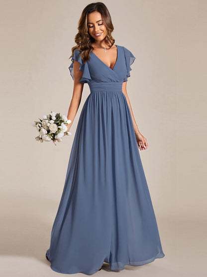 LILYANA™ | Robe de demoiselle d'honneur en mousseline à manches plissées et dos fendu