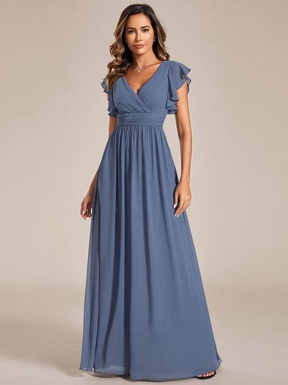 LILYANA™ | Robe de demoiselle d'honneur en mousseline à manches plissées et dos fendu