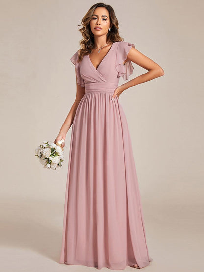 LILYANA™ | Robe de demoiselle d'honneur en mousseline à manches plissées et dos fendu