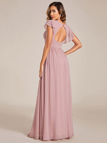 LILYANA™ | Robe de demoiselle d'honneur en mousseline à manches plissées et dos fendu