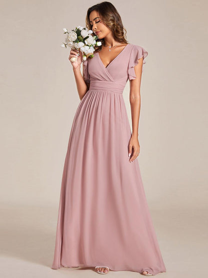 LILYANA™ | Robe de demoiselle d'honneur en mousseline à manches plissées et dos fendu