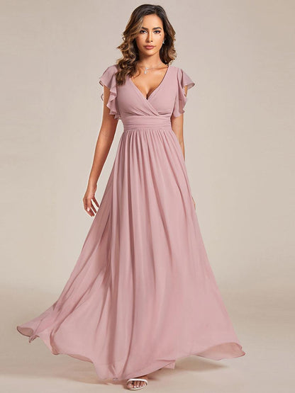 LILYANA™ | Robe de demoiselle d'honneur en mousseline à manches plissées et dos fendu