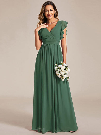 LILYANA™ | Robe de demoiselle d'honneur en mousseline à manches plissées et dos fendu