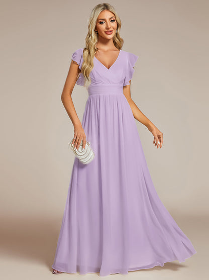 LILYANA™ | Robe de demoiselle d'honneur en mousseline à manches plissées et dos fendu