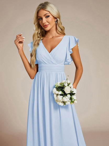 LILYANA™ | Robe de demoiselle d'honneur en mousseline à manches plissées et dos fendu