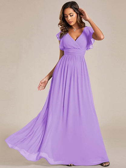 LILYANA™ | Robe de demoiselle d'honneur en mousseline à manches plissées et dos fendu