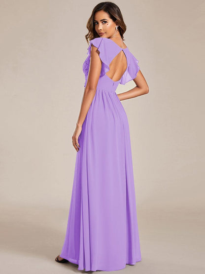 LILYANA™ | Robe de demoiselle d'honneur en mousseline à manches plissées et dos fendu