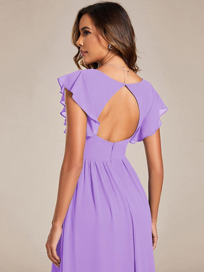 LILYANA™ | Robe de demoiselle d'honneur en mousseline à manches plissées et dos fendu