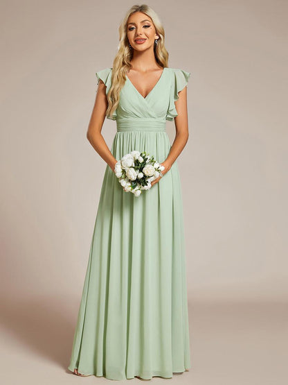 LILYANA™ | Robe de demoiselle d'honneur en mousseline à manches plissées et dos fendu
