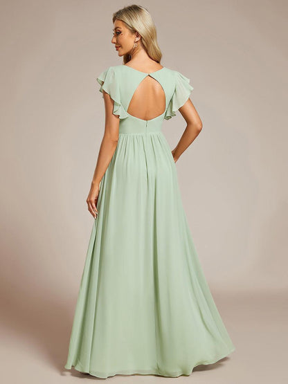 LILYANA™ | Robe de demoiselle d'honneur en mousseline à manches plissées et dos fendu