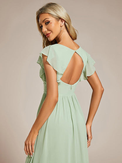 LILYANA™ | Robe de demoiselle d'honneur en mousseline à manches plissées et dos fendu