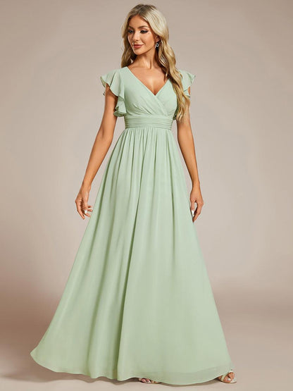 LILYANA™ | Robe de demoiselle d'honneur en mousseline à manches plissées et dos fendu