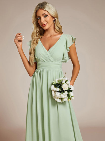 LILYANA™ | Robe de demoiselle d'honneur en mousseline à manches plissées et dos fendu