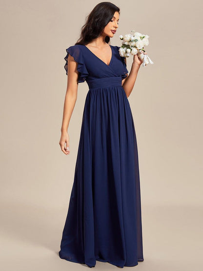 LILYANA™ | Robe de demoiselle d'honneur en mousseline à manches plissées et dos fendu