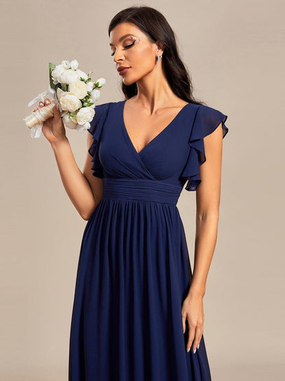 LILYANA™ | Robe de demoiselle d'honneur en mousseline à manches plissées et dos fendu