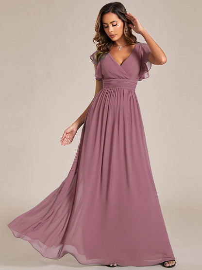 LILYANA™ | Robe de demoiselle d'honneur en mousseline à manches plissées et dos fendu