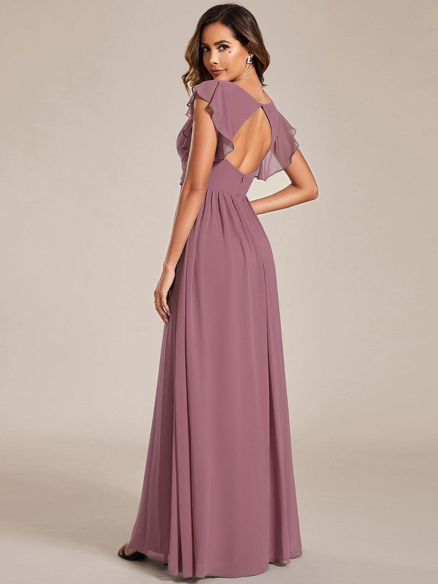 LILYANA™ | Robe de demoiselle d'honneur en mousseline à manches plissées et dos fendu