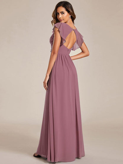 LILYANA™ | Robe de demoiselle d'honneur en mousseline à manches plissées et dos fendu
