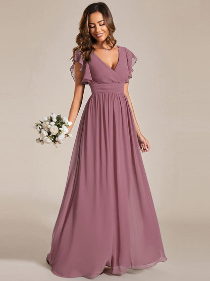 LILYANA™ | Robe de demoiselle d'honneur en mousseline à manches plissées et dos fendu