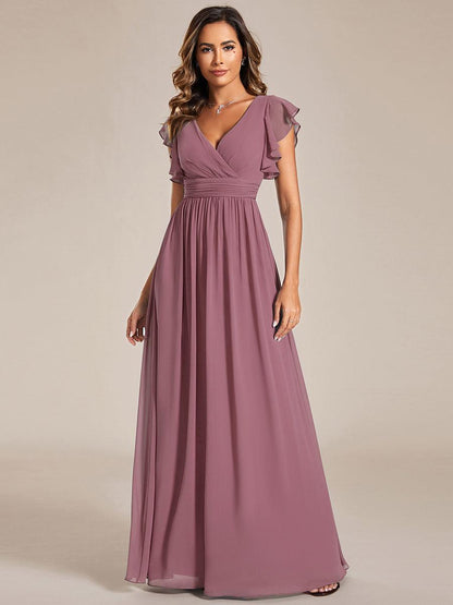 LILYANA™ | Robe de demoiselle d'honneur en mousseline à manches plissées et dos fendu