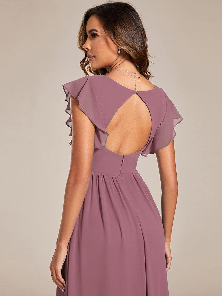 LILYANA™ | Robe de demoiselle d'honneur en mousseline à manches plissées et dos fendu