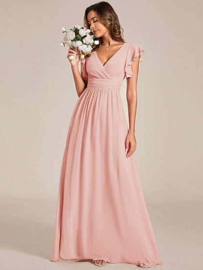 LILYANA™ | Robe de demoiselle d'honneur en mousseline à manches plissées et dos fendu