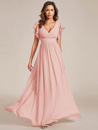 LILYANA™ | Robe de demoiselle d'honneur en mousseline à manches plissées et dos fendu