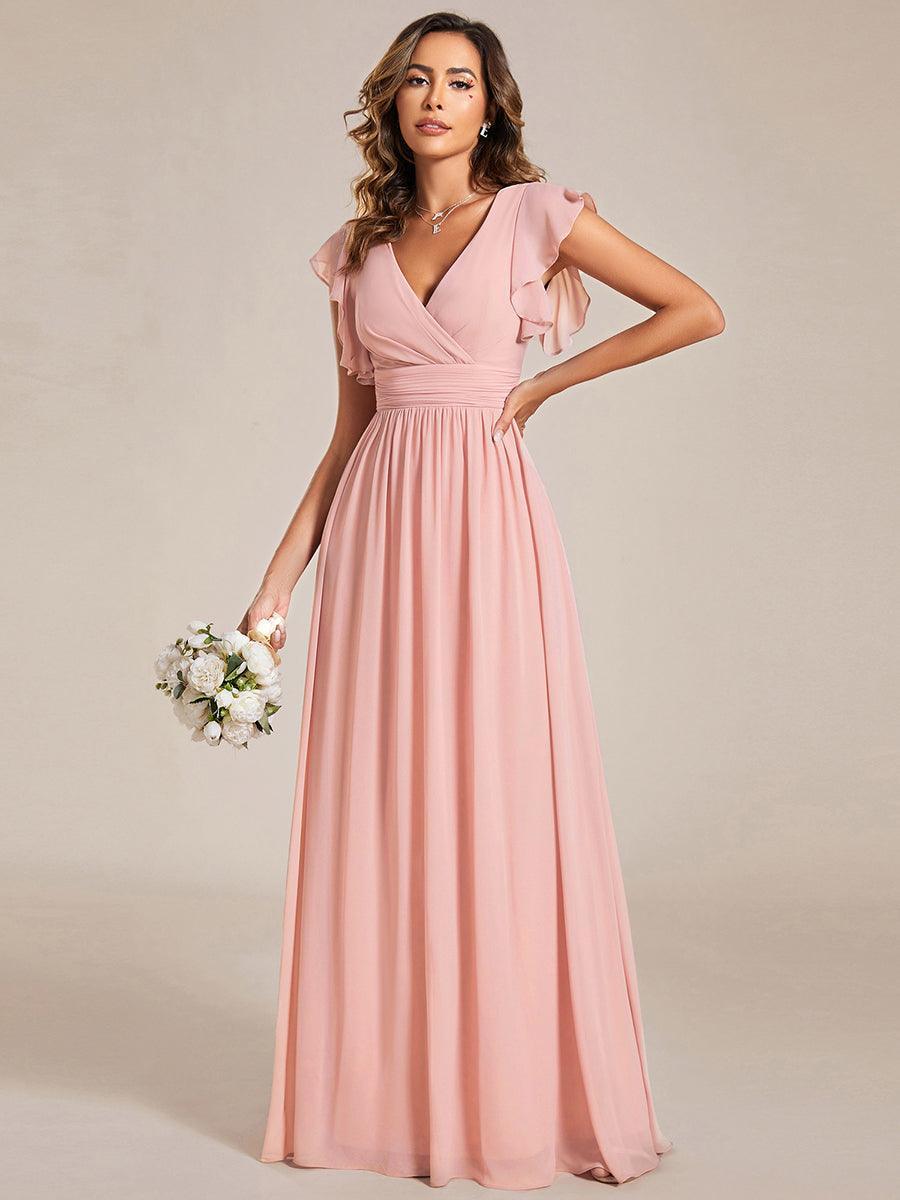 LILYANA™ | Robe de demoiselle d'honneur en mousseline à manches plissées et dos fendu