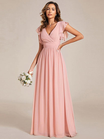LILYANA™ | Robe de demoiselle d'honneur en mousseline à manches plissées et dos fendu