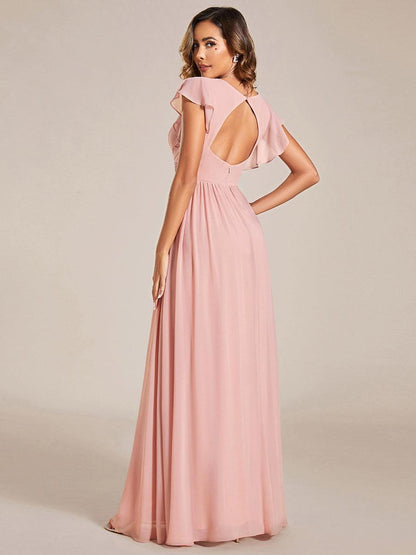 LILYANA™ | Robe de demoiselle d'honneur en mousseline à manches plissées et dos fendu