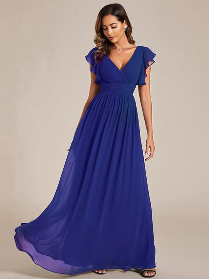 LILYANA™ | Robe de demoiselle d'honneur en mousseline à manches plissées et dos fendu