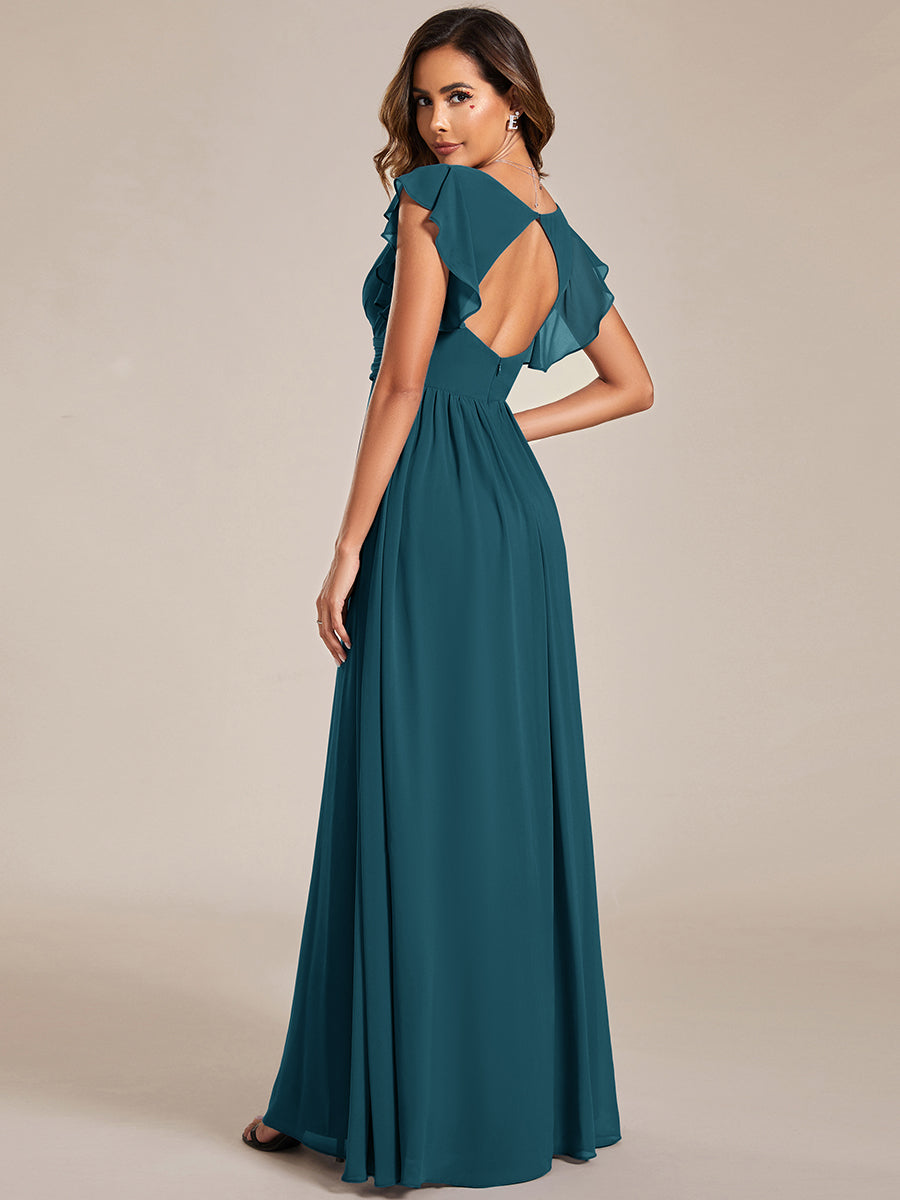 LILYANA™ | Robe de demoiselle d'honneur en mousseline à manches plissées et dos fendu
