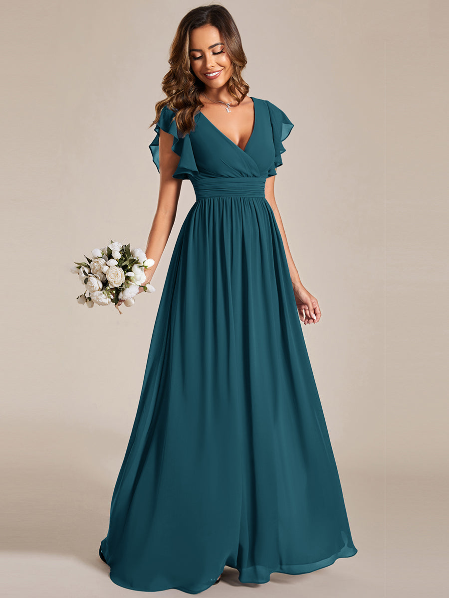 LILYANA™ | Robe de demoiselle d'honneur en mousseline à manches plissées et dos fendu