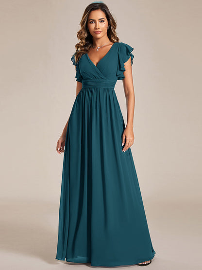 LILYANA™ | Robe de demoiselle d'honneur en mousseline à manches plissées et dos fendu