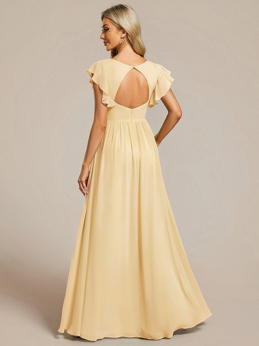 LILYANA™ | Robe de demoiselle d'honneur en mousseline à manches plissées et dos fendu