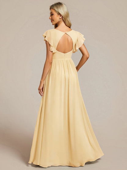 LILYANA™ | Robe de demoiselle d'honneur en mousseline à manches plissées et dos fendu