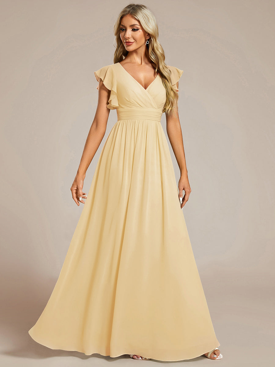 LILYANA™ | Robe de demoiselle d'honneur en mousseline à manches plissées et dos fendu