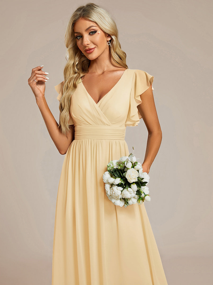 LILYANA™ | Robe de demoiselle d'honneur en mousseline à manches plissées et dos fendu