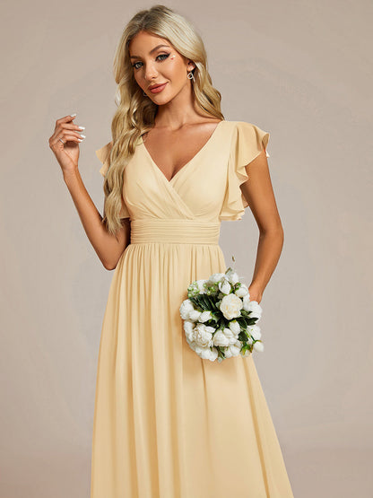 LILYANA™ | Robe de demoiselle d'honneur en mousseline à manches plissées et dos fendu