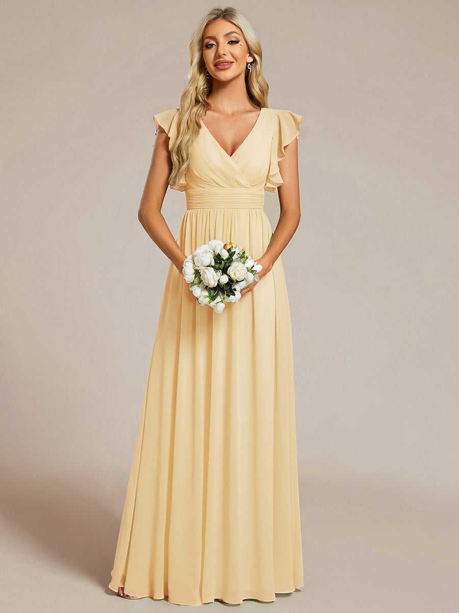 LILYANA™ | Robe de demoiselle d'honneur en mousseline à manches plissées et dos fendu