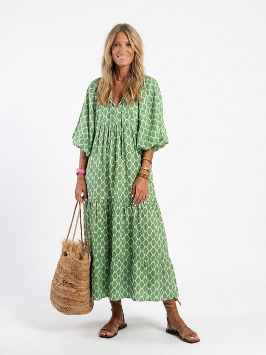 Apolline | Robe midi à motifs avec col en V et manches trois-quarts