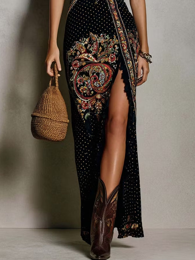 Robe imprimée style bohème à col V plongeant et fente haute
