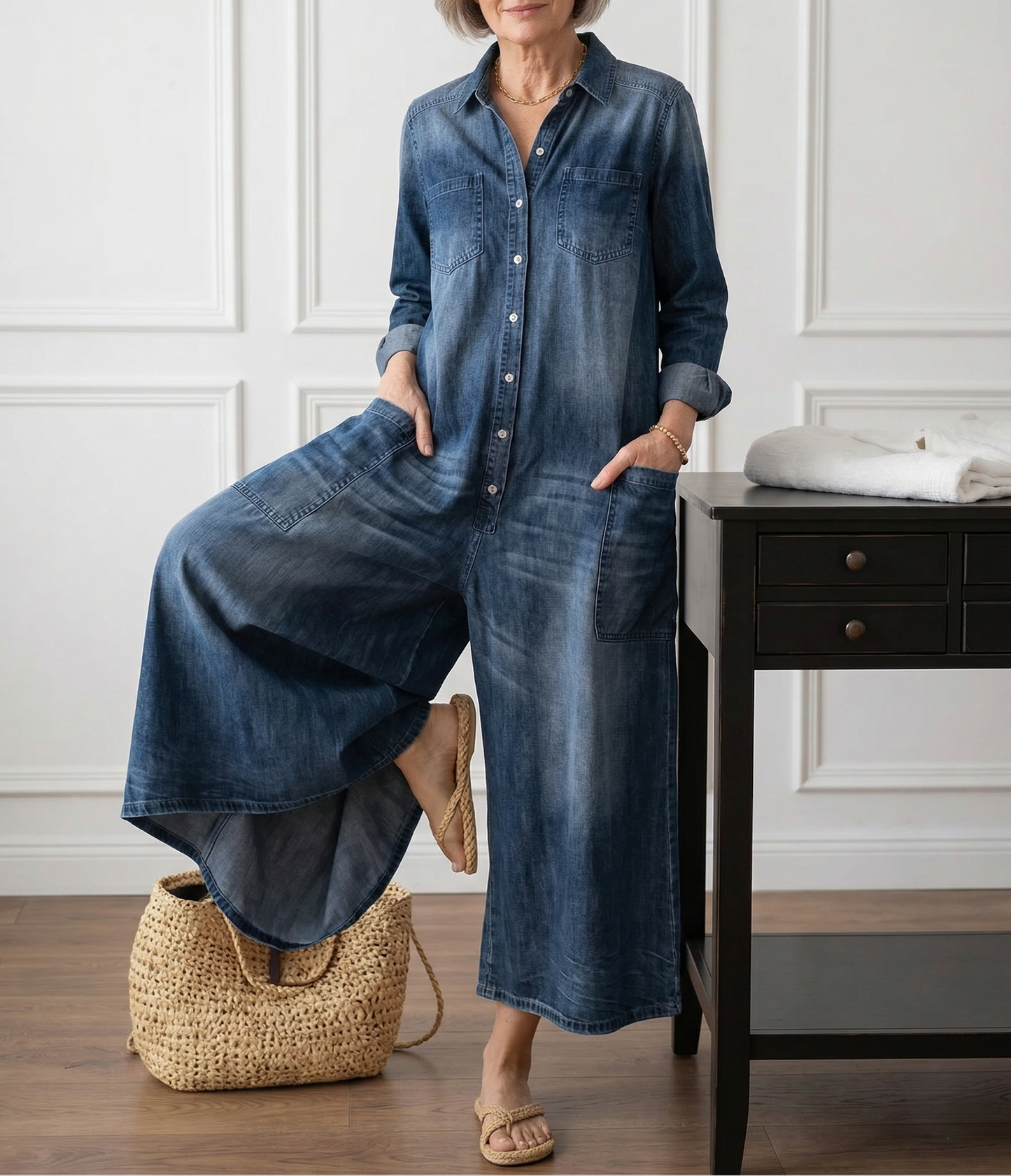 Saylor | Combinaison en jean de coton délavé vintage à boutons