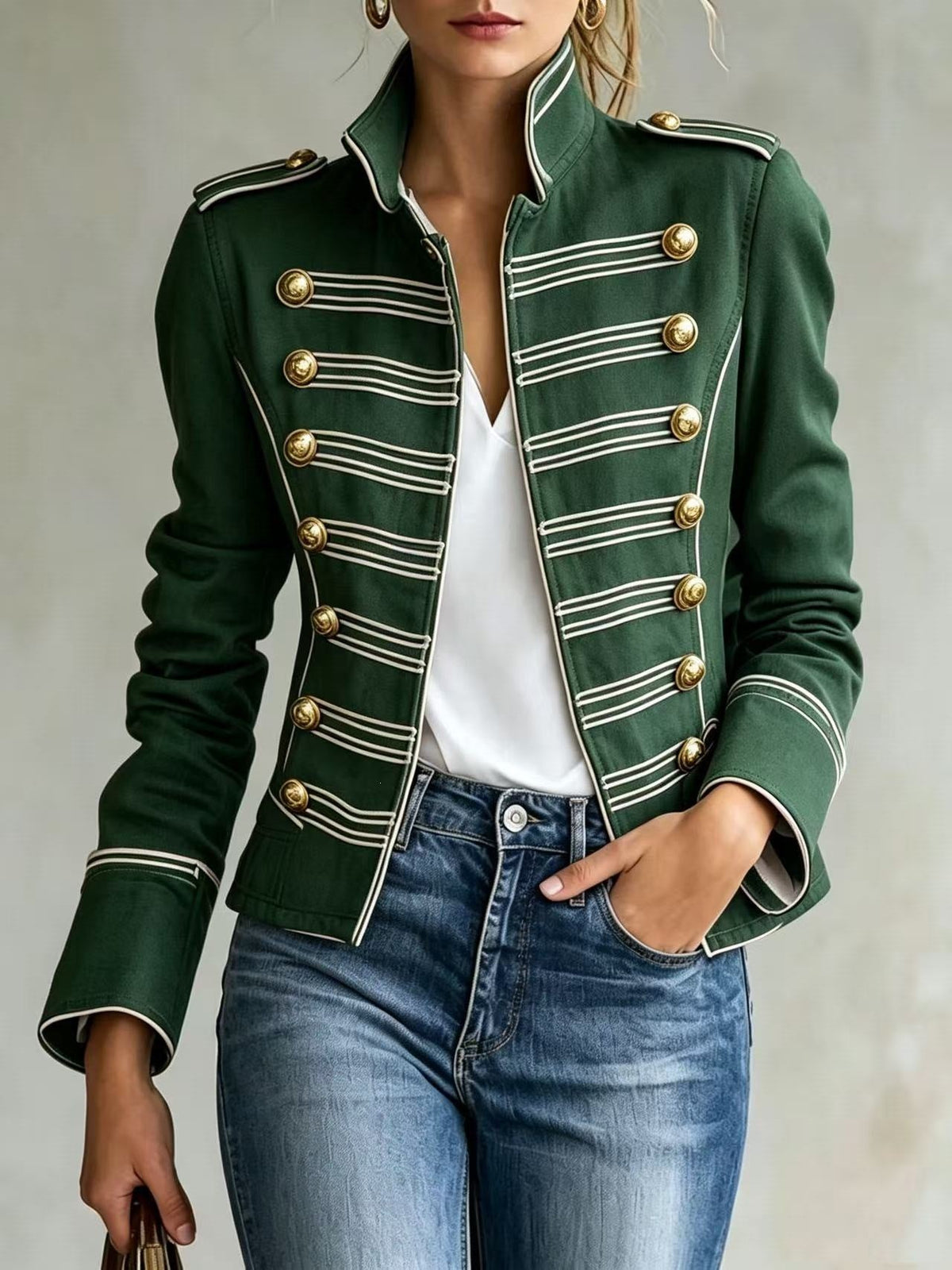 Marion | Veste en jean style militaire à boutons dorés - Vert